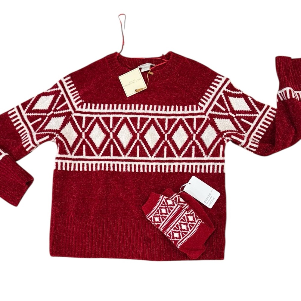 Christian Siriano Red and White Crewneck Sweater w/ matching socks Sz M